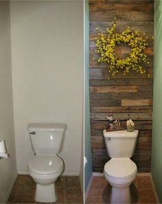 two pictures side by side one has a toilet and the other has a wreath with flowers on it