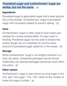 an email message with the caption's description for sugar and confections sugar are similar, but not the same