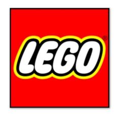 the lego logo on a red and yellow square sticker, with white letters that spell out