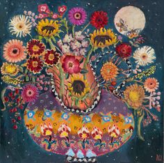 a painting of flowers in a vase on a table with the moon and stars above it