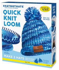 the hat is blue and has a tag on it that says quick knit loom make 2 hats to wear