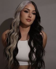 Blonde Hair Black Money Piece, Black On Blonde Hair, Dark Split Dyed Hair, Dark And White Hair, Black And Blonde Extensions, Black Hair With Platinum Money Piece, Black Hair With White Money Piece, Hair Color Ideas Half And Half, Split Dyed Hair Black And Blonde