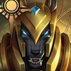 an image of a demon with blue eyes and gold armor in front of a golden background