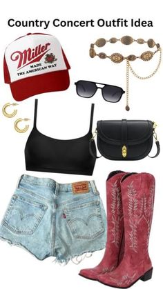 [AffiliateLink] Outfit Layout Ideas Miller Lite Hat Levi's Denim Shorts Quay Dupe On The Fly Sunglasses Crop Top Gold Jewelry Red Cowboy Boots Perfect For A Country Concert, Going Out, Party, Music Festival, Concert, Etc. #countryconcertoutfitideassummer Summer Concert Outfit Country, Boho Maxi Skirt Outfit, Stagecoach Outfits, Summer Concert Outfit, Thunder Outfit, Country Music Festival Outfits, Cowboy Outfit