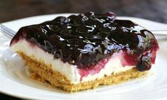 a piece of cheesecake with blueberries on top is sitting on a white plate