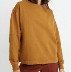 100% Cotton Garment Dyed Mustard Casual Sweatshirt For Fall, Casual Mustard Sweatshirt For Fall, Orange Cotton Sweatshirt With Relaxed Fit, Orange Relaxed Fit Cotton Sweatshirt, Brown Washed Long Sleeve Top, Long Sleeve Washed Brown Top, Brown Long Sleeve Washed Tops, Mustard Cotton Tops For Winter, Orange Top For Everyday Fall Wear