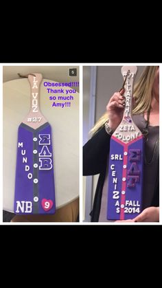 a woman holding up a purple and black neck tie with words on it, which say thank you as much as i can