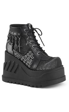 STOMP-18 Black Vegan Leather Boots-Demonia-Tragic Beautiful Hanging Charms, Goth Boots, Perfect Sneakers, Gothic Shoes, Black Platform Boots, Wedge Bootie, Lace Up Wedges, Black Vegan, Platform Ankle Boots