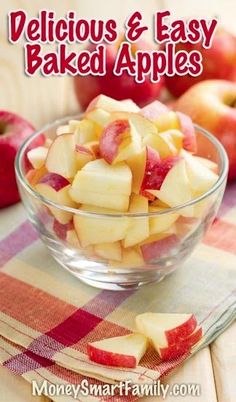 delicious and easy baked apples in a glass bowl on a checkered tablecloth with the title below