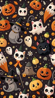 halloween cats and pumpkins on a black background