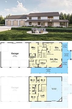 two story house plans with an open floor plan and large front yard area in the middle