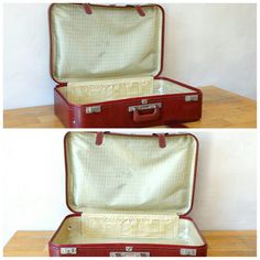 "Suitcase, Travel Luggage, Feaux Leather Valise, Suitcase Table, Luggage Bag, A vintage (1980) travel suitcase,covered with feux leather in Bordeaux colour. At the back side you can read a Greek travel number : 2238717/ 3δ (delta \"D\" ) The suitcase is in excellent condition (used) with some rustic spots upon metal parts.. The interior part is in very good (used) condition.. Please check all photos.. Feaux Leather Suitcase Dimensions: Base : 68 x 42.5 cm or 26.77 x 16.73 inches Height: 19.8 cm Rectangular Cases With Luggage Sleeve For Storage, Red Rectangular Travel Case, Rectangular Case With Luggage Sleeve For Storage, Cardboard Suitcase, Suitcase Table, Greek Travel, Suitcase Travel, Bordeaux Color, Leather Suitcase