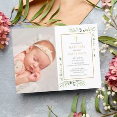 Elegant Greenery Baptism Christening Photo for $1.95 - Baptism & Christening Invitations Christening Photos, Baby Blessing, Photo Thank You Cards, Wedding Invitation Video, Invitation Background, Belly Band Invitation, Gold Lettering