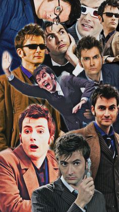 collage of the main characters from doctor who appear to be on cell phones and in suits