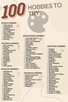 hobbies and Habits get us I to routines and in good moods. Here are 100 new hobbies that can turn Iinto good habits.   Pick up our Notion Productivity Template with a habit tracker   #habits #hobby Bored Try This, Hobbies You Need, Random Hobbies To Try, Things To Do When We Are Bored, Hobbys To Do, Things To Achieve In Life, How To Improve My Life, Hobbies Ideas List, Things To Do By Yourself When Your Bored