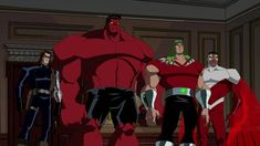 the animated characters are all dressed up in red and black outfits, with one man standing behind them