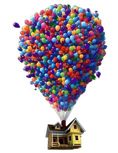 a bunch of balloons are floating in the air over a small house on a white background