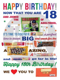 Birthday Candy Grams, Candy Poster Board, Happy 18th Birthday Quotes, Birthday Candy Poster, 18th Birthday Ideas, Candy Birthday Cards, Candy Bar Poster, Gifts For 18th Birthday, Candy Bar Posters