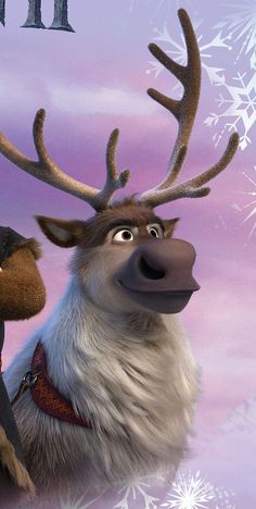 a cartoon character with antlers on his head and snowflakes in the background