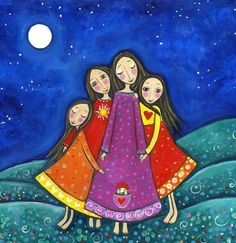 a painting of three girls hugging each other in front of a night sky with stars