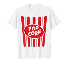 a white t - shirt with the word pop corn on it in red and white stripes