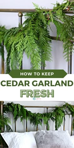 how to keep cedar garland fresh on the bed with text overlay that reads, how to keep cedar garland fresh