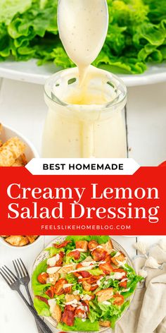 the best homemade creamy lemon salad dressing in a glass jar and on a plate with lettuce