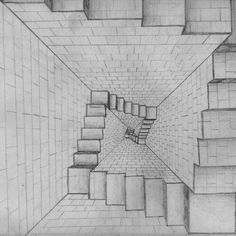 a pencil drawing of an empty room with stairs