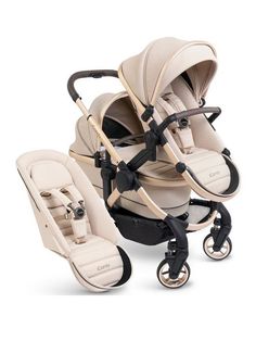 two baby strollers and one is beige with black handles, both have wheels on each side