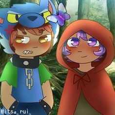 two cartoon characters standing in the woods with butterflies on their head and one is wearing a red hoodie