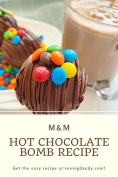 m & m hot chocolate bomb recipe on a plate with milkshake in the background