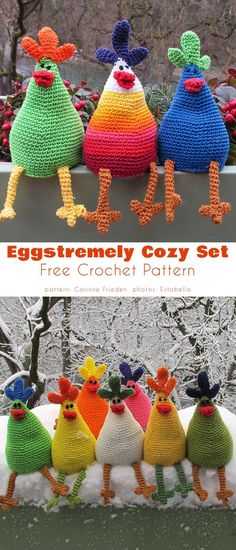 four crocheted chickens sitting on top of a snow covered ground next to each other