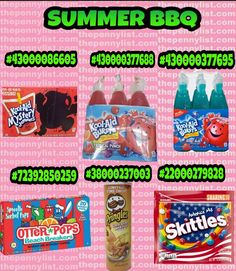 various types of gummy bears and other items for sale on a pink background with the words summer bbq