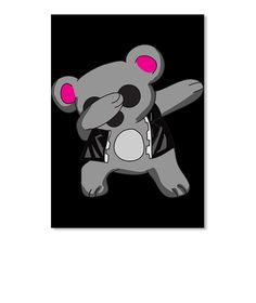 a gray teddy bear with pink eyes and black shirt on it's chest, standing in