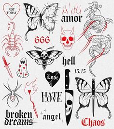 some tattoos with different designs and colors on them, including the words i love you