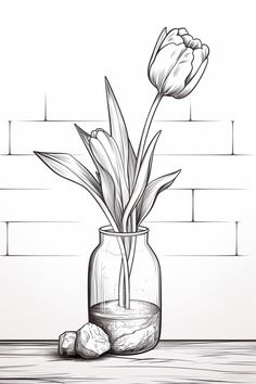 a drawing of a vase with flowers in it and some rocks on the table next to it