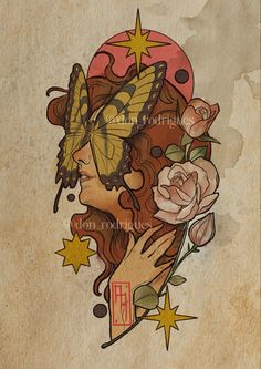 a drawing of a woman with a butterfly on her head and roses in her hair