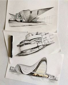 three drawings of architectural designs on paper