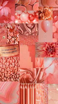 a collage of pink and red images with balloons, flowers, and other things