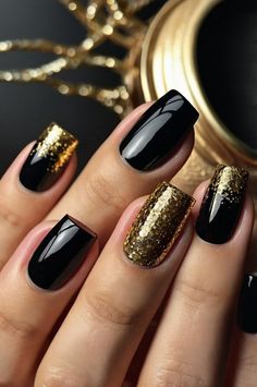 Fashion 50+ New Year Nail Design	ByZoe Grace Posted onOctober 28, 2024October 28, 2024 New Year’s Eve Nails Black, Black Nails Gold Tips, New Years Nails 2024, New Year Nails Design 2024, Silver And Gold Nails, New Year's Eve Nails, Black And Gold Nails, Black Gold Nails, Navy Nails