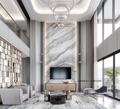 an elegant living room with marble walls and flooring is shown in this rendering image