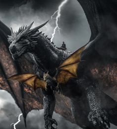 a large black dragon with yellow wings flying through the air in front of lightning and clouds