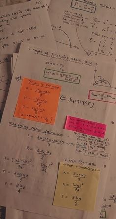 several pieces of paper with notes written on them