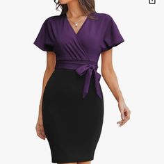 This Is Beautiful! Nice And Lightweight. Bust Measures Bust Measures 42 Inches Relaxed. Has Some Stretch. Length Is 42 1/2 Inches Elegant Purple Office Dress, Fitted Purple V-neck Dress, Purple Fitted V-neck Dress, Elegant Short Sleeve Purple Dress, Purple Knee-length Office Dress, Purple Fitted Short Sleeve Dress, Purple Knee-length Dress For Office, Elegant Purple Short Sleeve Dress, Elegant Purple Dress With Short Sleeves