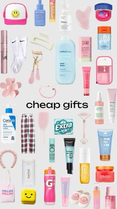 the words cheap gifts are surrounded by many different types of cosmetics and personal care products