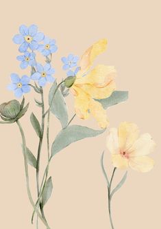 watercolor painting of yellow and blue flowers