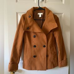 Brand New, Only Worn A Few Times. H&M Peacoat In Rust Orange Brown With Black Buttons. Orange Outerwear With Button Closure For Work, Orange Buttoned Outerwear For Work, Fitted H&m Outerwear For Fall, Orange Long Sleeve Outerwear For Work, Orange Outerwear With Buttons For Work, H&m Long Sleeve Outerwear For Fall, H&m Fitted Winter Outerwear, H&m Long Sleeve Outerwear For Cold Weather, H&m Double-breasted Workwear Outerwear