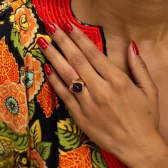 The Story A chic and unusual ring by the Swedish designer Stigbert. Made from 18 karat yellow gold in 1966, the focal point of the ring is a sugarloaf amethyst cabochon in a deep purple color. The tall stone sits up with a sculptural quality. With it's high profile and unique design, this ring is a chic and special piece. It feels amazing on the finger and looks fantastic on its own or worn with other favorite pieces. The Specs Style Number: R3103 Vintage, 1966 18 karat yellow gold Amethyst: sug Luxury Amethyst Cabochon Ring For Formal Occasions, Luxury Formal Cabochon Amethyst Ring, Luxury Formal Amethyst Cabochon Ring, Formal Fine Jewelry Signet Ring With Cabochon, Formal Cabochon Signet Ring, Luxury Yellow Gold Amethyst Ring Oval Cabochon, Formal Cabochon Amethyst Ring Fine Jewelry, Luxury Yellow Gold Amethyst Ring With Bezel Setting, Luxury Gold Amethyst Ring With Bezel Setting