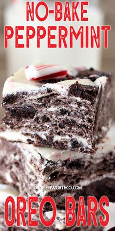 no - bake peppermint oreo bars are stacked on top of each other