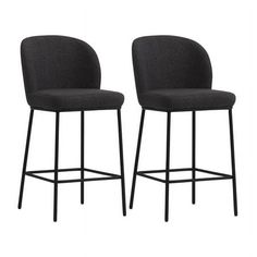 pair of black upholstered bar stools with metal legs and backrests